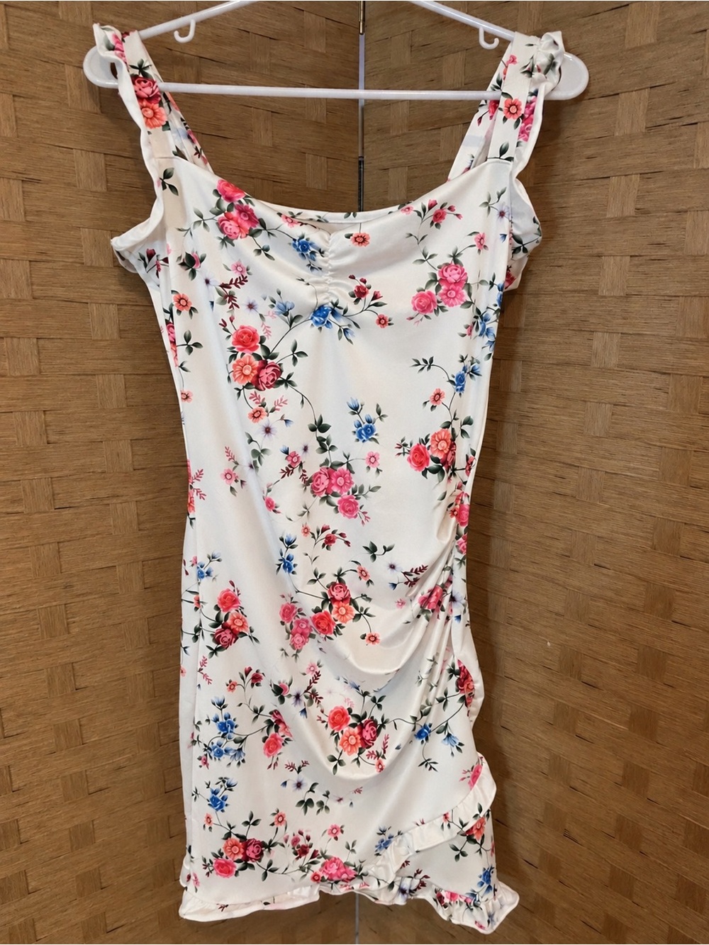 Ivory Floral Satin Ruffle Mini Dress - Picture 3 of 5